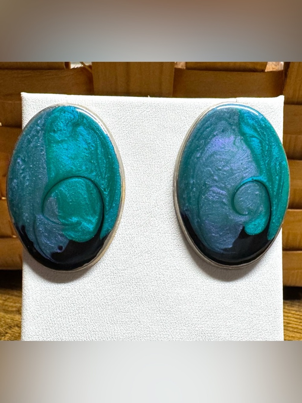 Vintage Teal Swirl Oval Statement Stud Earrings - Retro Acrylic Lucite - Picture 2 of 5
